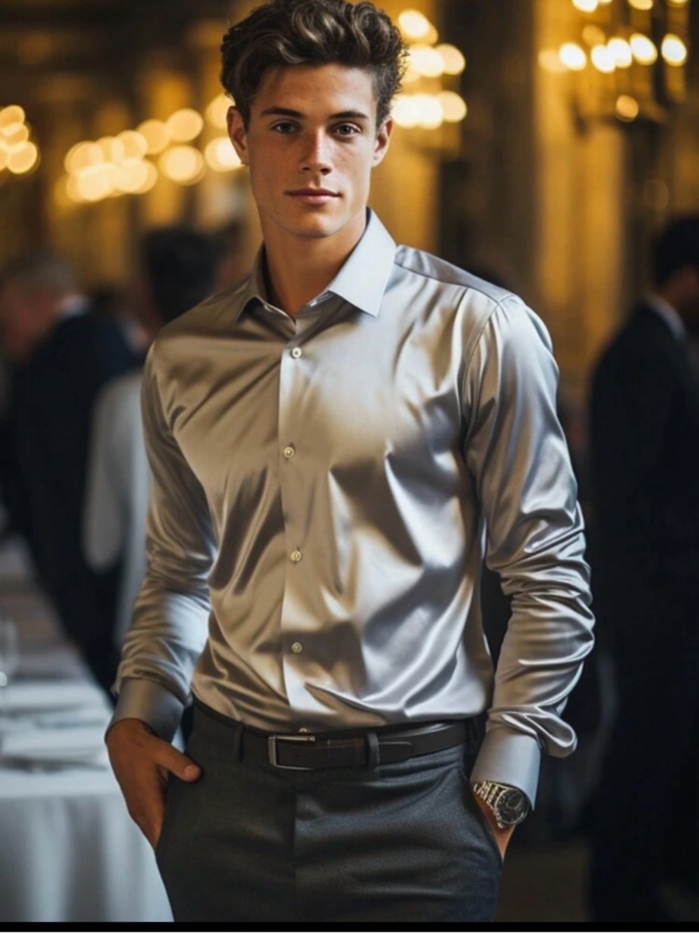 Men's Silver Satin Dress Shirt - Classic Fit